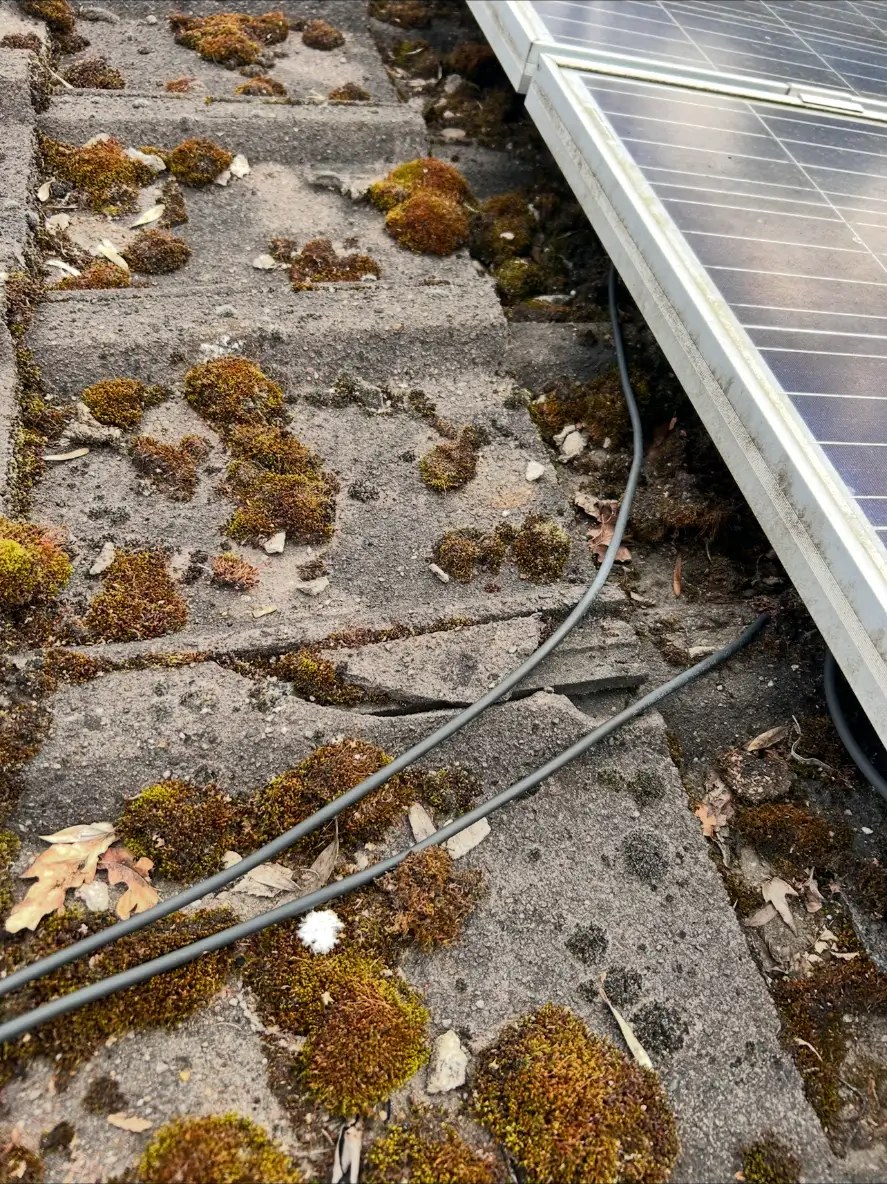 Loose solar cables lying across moss-covered roof tiles beside the panels